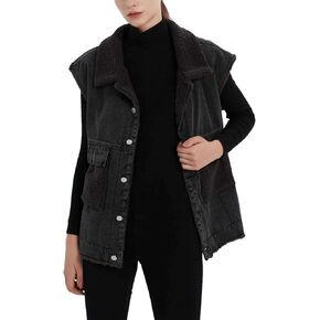 Lingjiazi Womens Loose Sherpa Fleece Lined Denim Vest Casual Sleeveless Button Down Jean Vest Jacket