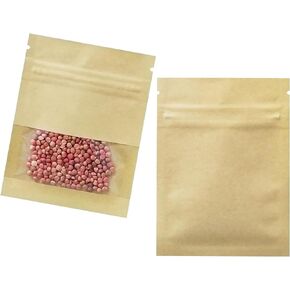 FERENLI 100 Pack 2.8x3.5 inch Small Resealable Seed Coin Envelopes Bags with Clear Window Brown Kraft Paper Heat Seal Packets for Flower Vegetable Seeds Storage Party Favor Pet Food Sample Bag