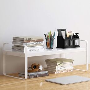 YGYQZ Wood Office Desk Shelf Organizer - Desktop Supplies Cute Dresser Top Organization Storage Rack and Cubicle Decor Aesthetic Bookshelf for Women Man and Kids (Black-Two Tier)