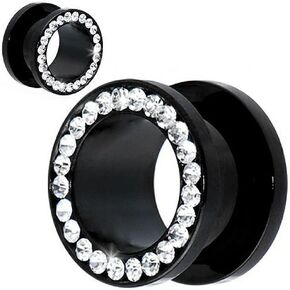 Cubic Zirconia Lined Rim Stainless Steel Screw Fit Ear Plugs Flesh Tunnels