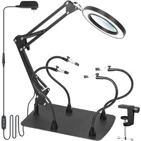 10X Magnifying Glass with Light and Stand, 12 * 8'' Large Base & Clamp, 3 Color Modes Stepless Dimming Magnifying Lamp, 4 Magnetic Helping Hands Magnifier with Light for Soldering Hobby Crafts in Kuwait