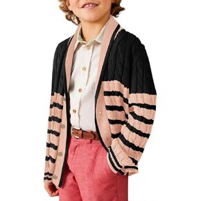 Haloumoning Boys Cardigan Striped Cable Knit Sweater Kids Casual Long Sleeve Shawl Collar Fall Clothes 4-14Y