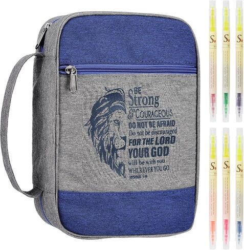 Bible Cover Case for Men Boys Mens Bible Carrying Bag Church Study Book Carrier with Pockets Handle Zipper, Highlighter Set Christian Gift Fits Medium Large Size Bible 10"x7.5"x2.2" (Blue) in Saudi Arabia