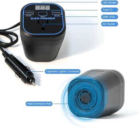 200W Car Power Inverter, Car Charger Adapter 12v to 110v Converter, Car Inverter with 3.0A Dual USB and Type-C, Car Outlet Adapter for Laptop, Black in Kuwait