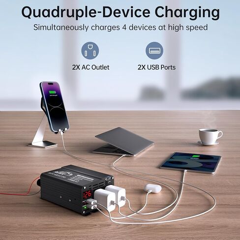محول طاقة 400 واط، تيار مستمر 12 فولت إلى 110 فولت تيار متردد، محول سيارة مع منافذ شحن USB مزدوجة 4.8 أمبير ومنافذ تيار متردد مزدوجة، محول سيارة بشاشة LCD للكمبيوتر المحمول in Kuwait