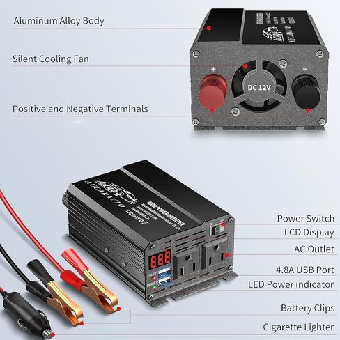 محول طاقة 400 واط، تيار مستمر 12 فولت إلى 110 فولت تيار متردد، محول سيارة مع منافذ شحن USB مزدوجة 4.8 أمبير ومنافذ تيار متردد مزدوجة، محول سيارة بشاشة LCD للكمبيوتر المحمول in Kuwait