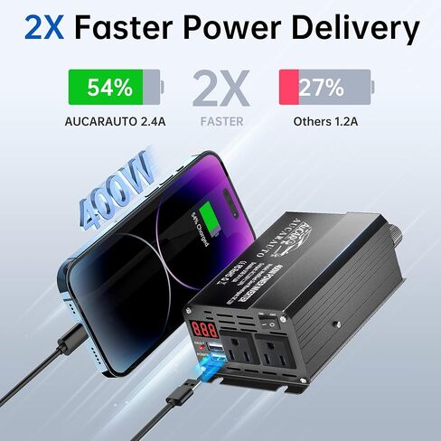 محول طاقة 400 واط، تيار مستمر 12 فولت إلى 110 فولت تيار متردد، محول سيارة مع منافذ شحن USB مزدوجة 4.8 أمبير ومنافذ تيار متردد مزدوجة، محول سيارة بشاشة LCD للكمبيوتر المحمول in Kuwait