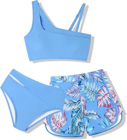 Girls Swimsuit 3 Piece Adjustable Strap Cutout Girls' Swimwear with Shorts Girls Bathing Suit Summer 7-16 Years in Saudi Arabia