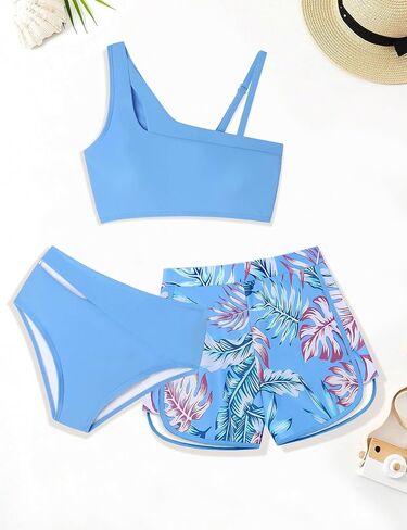 Girls Swimsuit 3 Piece Adjustable Strap Cutout Girls' Swimwear with Shorts Girls Bathing Suit Summer 7-16 Years in Saudi Arabia