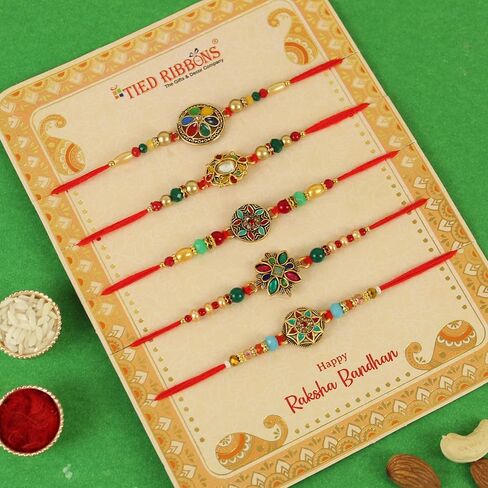 TIED RIBBONS Rakhi for Brother (Set of 5) | Rakhi with Card | Roli Tikka - Raksha bandhan Rakhi Bracelet for Brother Rakhi Gift for Brother | Rakhi Thread | Bhai Rakhi in Saudi Arabia
