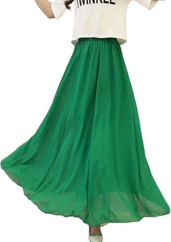 Women's Bohemian Elastic Waist Band Pleated Retro Maxi Long Skirt Dress in Kuwait