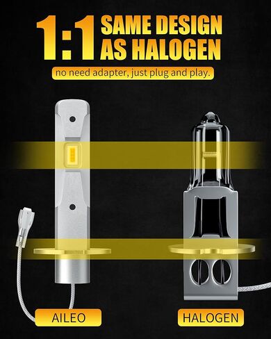 AILEO H3 LED لمبة ضوء الضباب 3000K أصفر، 25 وات 6000 لومن 350% أكثر سطوعًا 360 درجة شعاع، قوة اختراق قوية لمصباح الضباب LED أو ترقية DRL، 1:1 حجم صغير تثبيت سريع، 2 حزمة in Kuwait