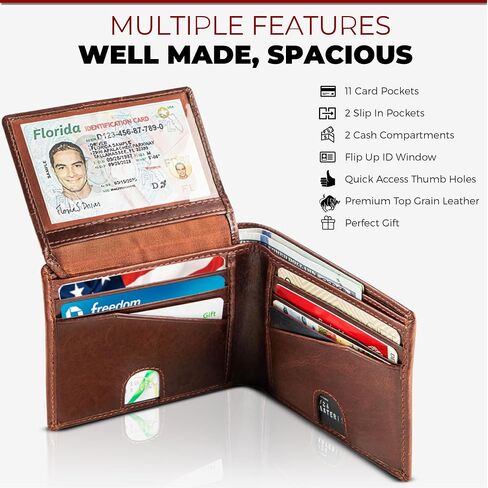 BULL GUARD Mens RFID Blocking Bifold Wallet Soft Genuine Leather Brown Western | Secure and Durable Extra Capacity Billfold with 11 Credit Cards, Flip Up ID in Kuwait