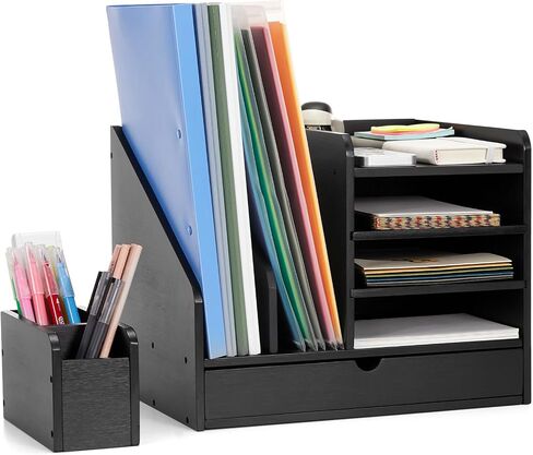 Bamboo Desk Organizer with File Holder, Wooden Desk File Organizer with Adjustable Pen Holder and Drawer, Desktop Letter Paper Tray Organizer Storage for Office Home School (Black) in Saudi Arabia