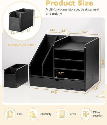Bamboo Desk Organizer with File Holder, Wooden Desk File Organizer with Adjustable Pen Holder and Drawer, Desktop Letter Paper Tray Organizer Storage for Office Home School (Black) in Saudi Arabia