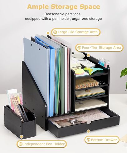 Bamboo Desk Organizer with File Holder, Wooden Desk File Organizer with Adjustable Pen Holder and Drawer, Desktop Letter Paper Tray Organizer Storage for Office Home School (Black) in Saudi Arabia