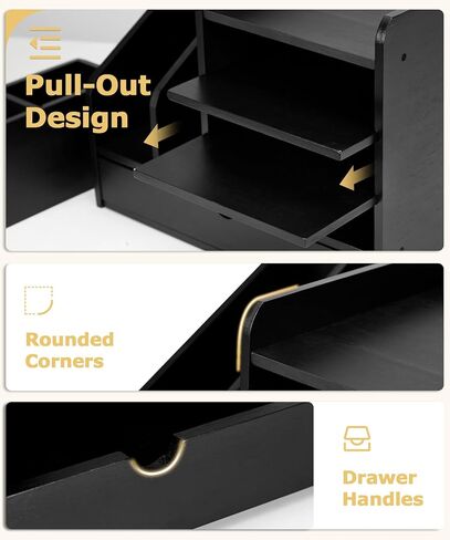 Bamboo Desk Organizer with File Holder, Wooden Desk File Organizer with Adjustable Pen Holder and Drawer, Desktop Letter Paper Tray Organizer Storage for Office Home School (Black) in Saudi Arabia