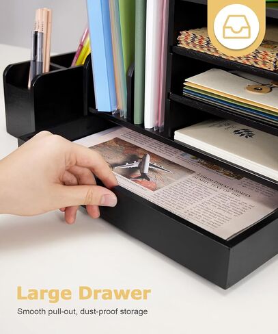 Bamboo Desk Organizer with File Holder, Wooden Desk File Organizer with Adjustable Pen Holder and Drawer, Desktop Letter Paper Tray Organizer Storage for Office Home School (Black) in Saudi Arabia