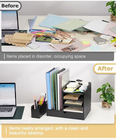 Bamboo Desk Organizer with File Holder, Wooden Desk File Organizer with Adjustable Pen Holder and Drawer, Desktop Letter Paper Tray Organizer Storage for Office Home School (Black) in Saudi Arabia