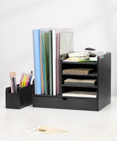 Bamboo Desk Organizer with File Holder, Wooden Desk File Organizer with Adjustable Pen Holder and Drawer, Desktop Letter Paper Tray Organizer Storage for Office Home School (Black) in Saudi Arabia