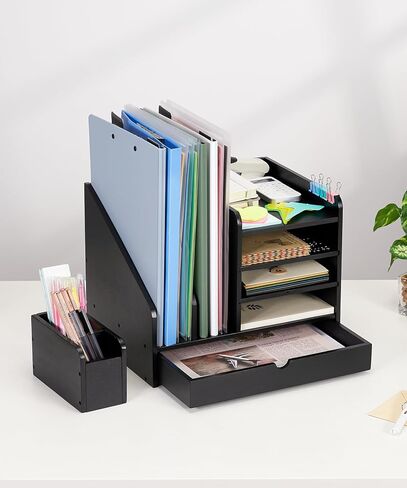Bamboo Desk Organizer with File Holder, Wooden Desk File Organizer with Adjustable Pen Holder and Drawer, Desktop Letter Paper Tray Organizer Storage for Office Home School (Black) in Saudi Arabia