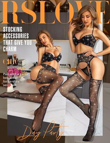 RSLOVE Bodystocking مجموعات الملابس الداخلية للنساء - مثير شبكة صيد السمك حزام الرباط تخزين المرأة حمالة الصدر واللباس الداخلي مجموعات 3 قطعة حجم واحد in Saudi Arabia
