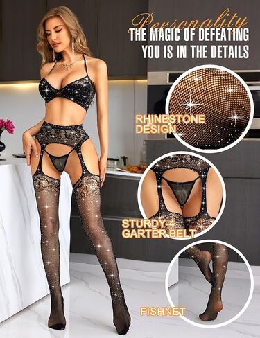 RSLOVE Bodystocking مجموعات الملابس الداخلية للنساء - مثير شبكة صيد السمك حزام الرباط تخزين المرأة حمالة الصدر واللباس الداخلي مجموعات 3 قطعة حجم واحد in Saudi Arabia