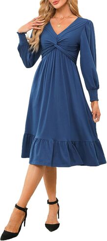 Dokotoo Womens 2024 Wrap V-Neck Twist Knot Long Sleeve Empire Waist Midi Dress A-Line Ruched Flowy Dress with Pockets in Saudi Arabia