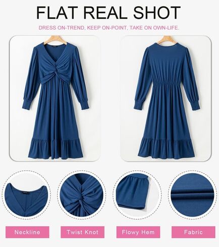 Dokotoo Womens 2024 Wrap V-Neck Twist Knot Long Sleeve Empire Waist Midi Dress A-Line Ruched Flowy Dress with Pockets in Saudi Arabia