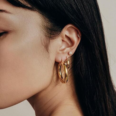 BMMYE 925 Sterling Silver Post Chunky Gold Hoop Earrings, 14K Gold Plated Earrings for Women Lightweight Hollow Tube 25mm-70mm in Kuwait