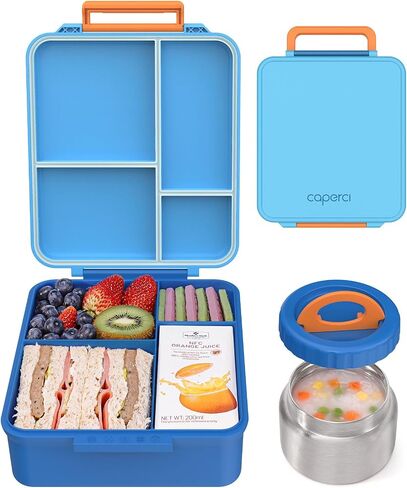 Caperci Kids Bento Lunch Box with Insulated Thermos - Leakproof Thermal Lunch Box Containers for Kids, 4-Compartment, Portable Handle, Two Temperature Zones (Blue) in Saudi Arabia
