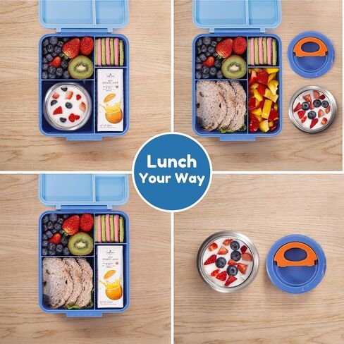 Caperci Kids Bento Lunch Box with Insulated Thermos - Leakproof Thermal Lunch Box Containers for Kids, 4-Compartment, Portable Handle, Two Temperature Zones (Blue) in Saudi Arabia