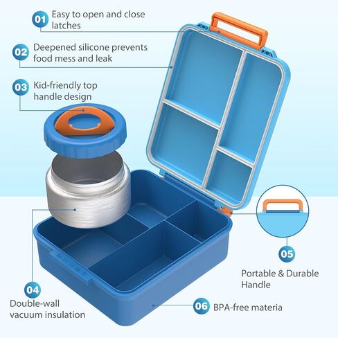 Caperci Kids Bento Lunch Box with Insulated Thermos - Leakproof Thermal Lunch Box Containers for Kids, 4-Compartment, Portable Handle, Two Temperature Zones (Blue) in Saudi Arabia