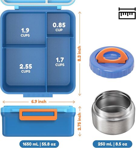 Caperci Kids Bento Lunch Box with Insulated Thermos - Leakproof Thermal Lunch Box Containers for Kids, 4-Compartment, Portable Handle, Two Temperature Zones (Blue) in Saudi Arabia