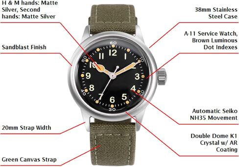 Praesidus A-11 Service Watch Men's 42 mm Military Automatic Watch in White Dial and Canvas Strap in Saudi Arabia