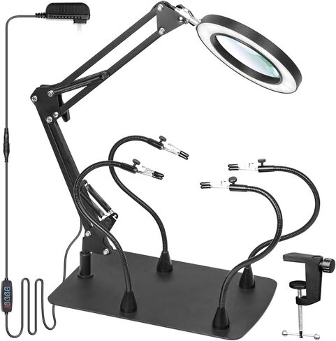 10X Magnifying Glass with Light and Stand, 12 * 8'' Large Base & Clamp, 3 Color Modes Stepless Dimming Magnifying Lamp, 4 Magnetic Helping Hands Magnifier with Light for Soldering Hobby Crafts in Kuwait
