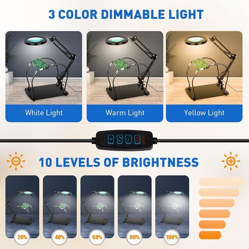 10X Magnifying Glass with Light and Stand, 12 * 8'' Large Base & Clamp, 3 Color Modes Stepless Dimming Magnifying Lamp, 4 Magnetic Helping Hands Magnifier with Light for Soldering Hobby Crafts in Kuwait