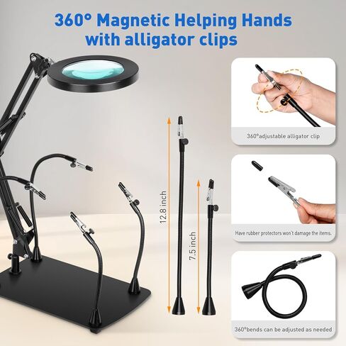 10X Magnifying Glass with Light and Stand, 12 * 8'' Large Base & Clamp, 3 Color Modes Stepless Dimming Magnifying Lamp, 4 Magnetic Helping Hands Magnifier with Light for Soldering Hobby Crafts in Kuwait