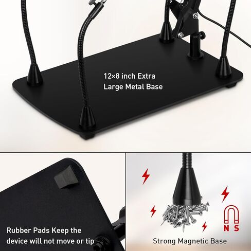 10X Magnifying Glass with Light and Stand, 12 * 8'' Large Base & Clamp, 3 Color Modes Stepless Dimming Magnifying Lamp, 4 Magnetic Helping Hands Magnifier with Light for Soldering Hobby Crafts in Kuwait