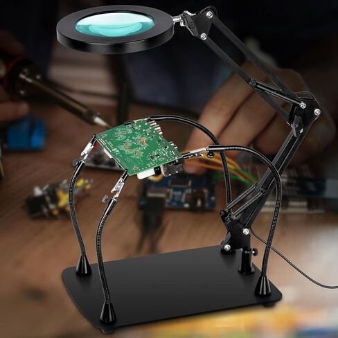 10X Magnifying Glass with Light and Stand, 12 * 8'' Large Base & Clamp, 3 Color Modes Stepless Dimming Magnifying Lamp, 4 Magnetic Helping Hands Magnifier with Light for Soldering Hobby Crafts in Kuwait