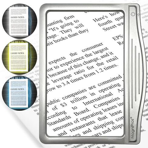 مكبر صفحات LED فائق السطوع 4X من MagniPros مزود بعدسات مضادة للوهج ومصابيح LED قابلة للتعتيم بالكامل (منطقة عرض مضاءة بالتساوي وتخفيف إجهاد العين) - مثالي لقراءة المطبوعات الصغيرة وضعف الرؤية لكبار السن in Kuwait
