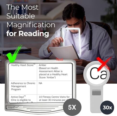 مكبر صفحات LED فائق السطوع 4X من MagniPros مزود بعدسات مضادة للوهج ومصابيح LED قابلة للتعتيم بالكامل (منطقة عرض مضاءة بالتساوي وتخفيف إجهاد العين) - مثالي لقراءة المطبوعات الصغيرة وضعف الرؤية لكبار السن in Kuwait