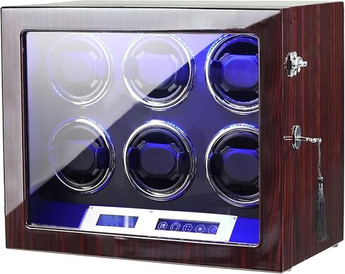 Davivy Watch Winder، 6 ملفاف ساعة أوتوماتيكي مع إضاءة خلفية LED، ملفاف ساعة مع محرك Mabuchi، وسائد قابلة للتعديل، شاشة LCD تعمل باللمس، غلاف خشبي، محول تيار متردد متضمن in Kuwait