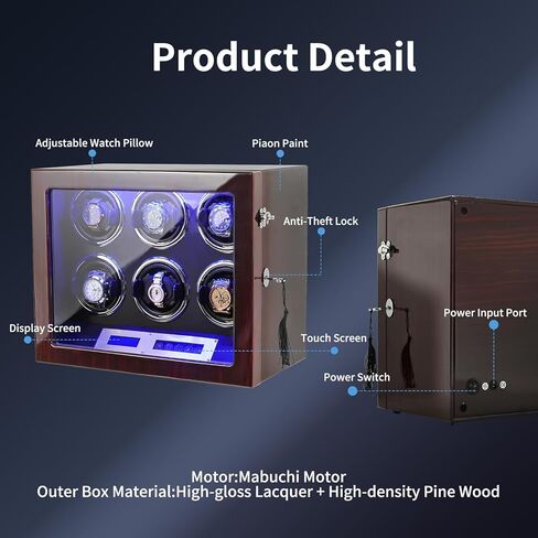 Davivy Watch Winder، 6 ملفاف ساعة أوتوماتيكي مع إضاءة خلفية LED، ملفاف ساعة مع محرك Mabuchi، وسائد قابلة للتعديل، شاشة LCD تعمل باللمس، غلاف خشبي، محول تيار متردد متضمن in Kuwait