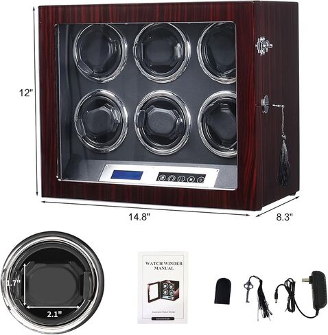 Davivy Watch Winder، 6 ملفاف ساعة أوتوماتيكي مع إضاءة خلفية LED، ملفاف ساعة مع محرك Mabuchi، وسائد قابلة للتعديل، شاشة LCD تعمل باللمس، غلاف خشبي، محول تيار متردد متضمن in Kuwait