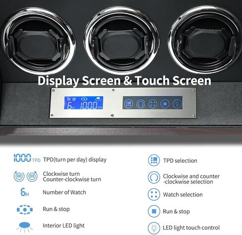 Davivy Watch Winder، 6 ملفاف ساعة أوتوماتيكي مع إضاءة خلفية LED، ملفاف ساعة مع محرك Mabuchi، وسائد قابلة للتعديل، شاشة LCD تعمل باللمس، غلاف خشبي، محول تيار متردد متضمن in Kuwait