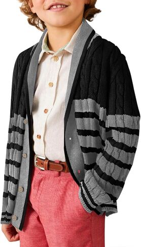 Haloumoning Boys Cardigan Striped Cable Knit Sweater Kids Casual Long Sleeve Shawl Collar Fall Clothes 4-14Y in Kuwait