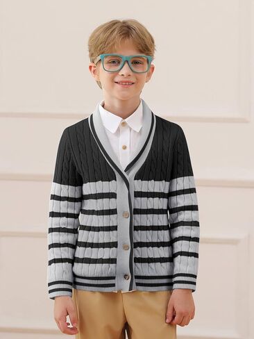 Haloumoning Boys Cardigan Striped Cable Knit Sweater Kids Casual Long Sleeve Shawl Collar Fall Clothes 4-14Y in Kuwait