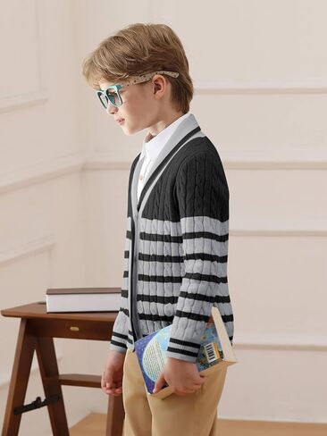 Haloumoning Boys Cardigan Striped Cable Knit Sweater Kids Casual Long Sleeve Shawl Collar Fall Clothes 4-14Y in Kuwait