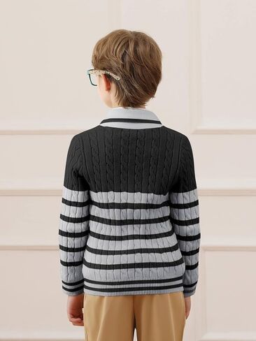 Haloumoning Boys Cardigan Striped Cable Knit Sweater Kids Casual Long Sleeve Shawl Collar Fall Clothes 4-14Y in Kuwait